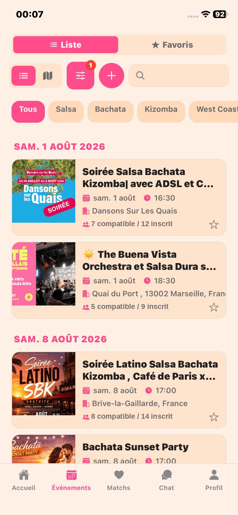 Écran des événements dans l'application DanseMatch